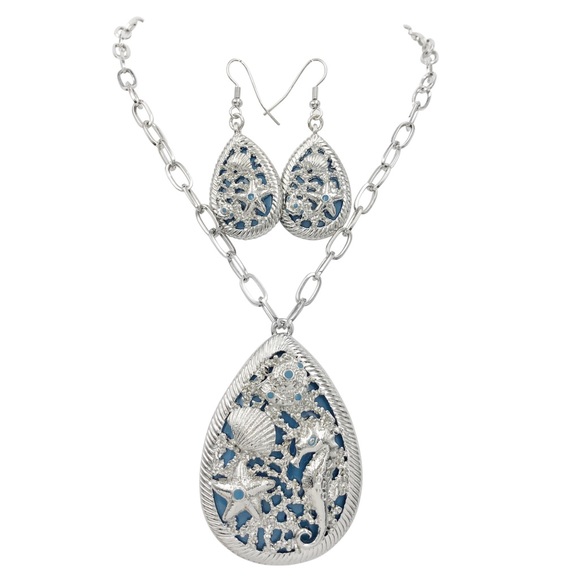 Mixed Sea Life Beach Aqua Blue Silver Teardrop Necklace Earrings Set - Picture 1 of 3